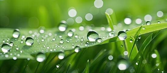 Aufkleber - Closeup dew drops on green grass. Creative banner. Copyspace image