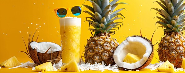 Wall Mural - Tropical summer cocktail with pineapples and coconut on a sunny yellow background