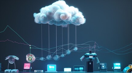 Wall Mural - An artistic representation of cloud-to-device data syncing, with digital threads connecting a cloud to various tech gadgets below.