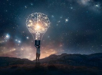 Wall Mural - light bulb with brain inside and silhouette of person holding it up in the air, night sky background, glowing stars around lightbulb, brain is lit by white glow, silhouette figure standing on dark gro