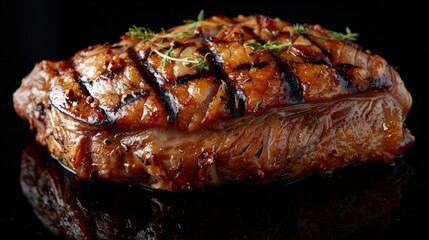 Wall Mural - Juicy grilled steak with grill marks and garnished with fresh herbs against a black background, showcasing succulent textures