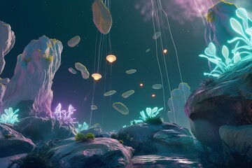 An ethereal 3D landscape on an alien planet, with floating rocks and luminous plants, showcasing advanced rendering techniques.