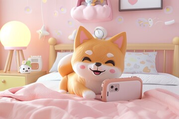 Sticker - 3d kawaii style about chibi little Shiba Inu lay down on the bed listen the music using ipod , pastel color