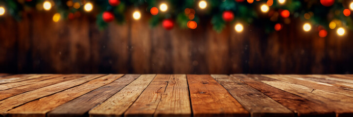 Christmas background wooden table, bokeh lights, template, copy space.