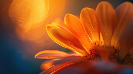 Wall Mural - Close up photograph of a flower in the glowing light of the setting sun