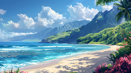 Wall Mural - A vibrant Hawaiian beach scene featuring lush tropical landscapes, volcanic mountains, and crystal-clear waters. Highlight activities like surfing and traditional Hawaiian cultural elements.