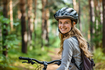 Mountain biking in the forest girl biker