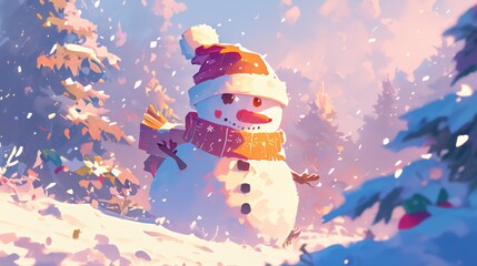 Poster - Celebrate the festive season with a charming snowy backdrop featuring a jolly snowman in this delightful 2d illustration of Merry Christmas