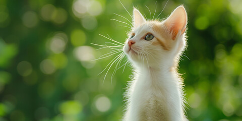 Cute white and orange kitten looking up with green bokeh background, curious cat concept