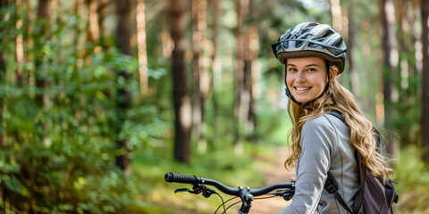 Mountain biking in the forest girl biker