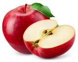 Apple isolated png. Red apple and a half with leaf on transparent background. PNG format. Red apples with no background. Full depth of field.