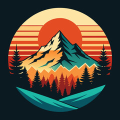 Wall Mural - Vector mountain and forest illustration with retro style for t-shirt design