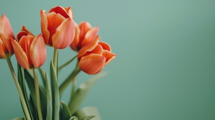 Wall Mural - Vibrant orange tulips against a soft green backdrop Celebration idea for Mother s Day or Valentine s Day Card design Easter arrangement good luck wishes empty area for text
