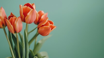 Sticker - Vibrant orange tulips against a soft green backdrop Celebration idea for Mother s Day or Valentine s Day Card design Easter arrangement good luck wishes empty area for text