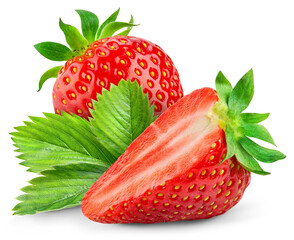 Wall Mural - Strawberry isolated png. Strawberry with a half and leaf on transparent background. PNG format. Sliced strawberries with no background. Full depth of field.