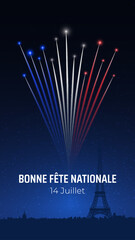 Wall Mural - Banner 14 july bastille day in france. French national holiday. Greeting card. French colorful fireworks on dark sky background. Fireworks france flag. Vector. Translation: Happy National Day July 14