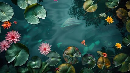 Lush green leaves and vibrant flowers float on a serene, crystal-clear lake, capturing the essence of tranquility and beauty