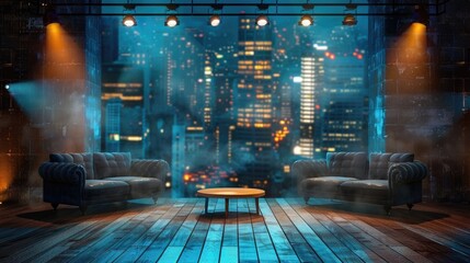 Wall Mural - Empty talk show set with cityscape background and couches.Concept of Silent Studio Setting, Empty Talk Show Stage, Waiting for Stories, Wood-Floored Spotlight, Behind the Scenes Quiet