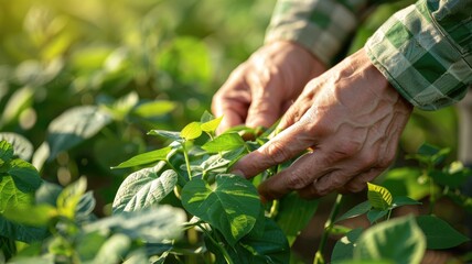 Wall Mural - Close-up of person inspecting green plants in field