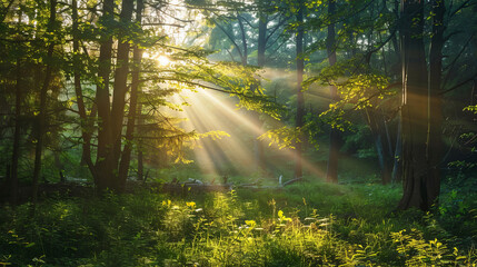 Wall Mural - Sunlight streaming through trees in lush green forest