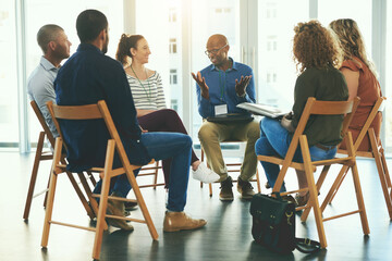 Aufkleber - Meeting, people and collaboration talking in office for teamwork, communication and diversity. Group, men and woman in boardroom discussion for company planning, brainstorming and working together