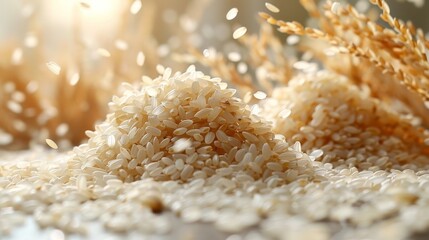 A captivating display of rice grains scattering across a surface, illustrating the motion and texture of this essential food staple