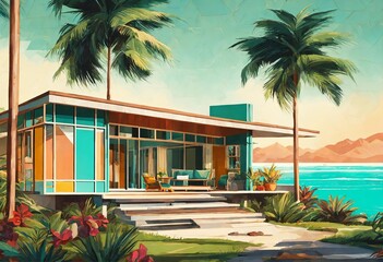 Wall Mural - vintage beach house pool watercolor picture