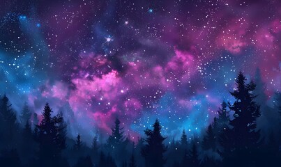Starry Sky with Milky Way Over Forest at Night
