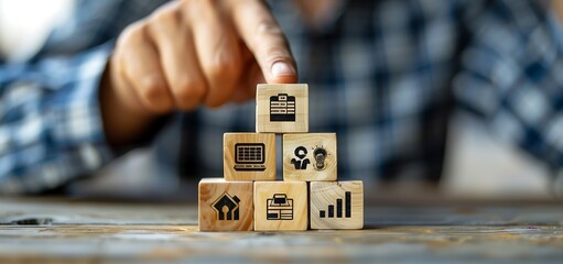 Capture the precise moment of achievement with a closeup image of a man pointing at a pyramid of wooden blocks, each block decorated with business icons, symbolizing success and completion