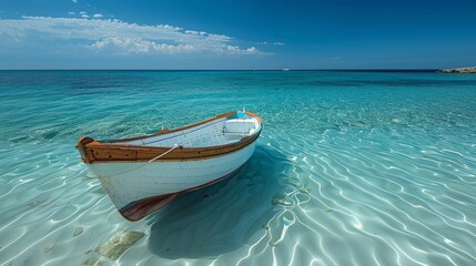 Wooden boat floating on clear turquoise water near the shore