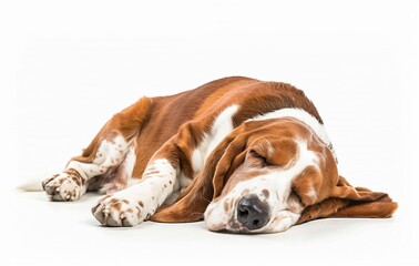 Basset Hound Dog Sleeping on White Background