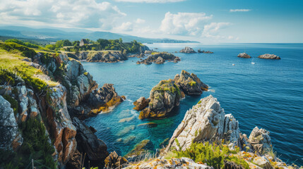 Wall Mural - Stunning view of rocky coastline with calm sea and blue sky