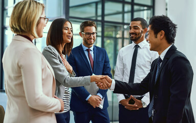 Poster - Team, business people and shaking hands for welcome, introduction or greeting in office. Handshake, smile and group with deal for collaboration, agreement or thank you for b2b partnership opportunity
