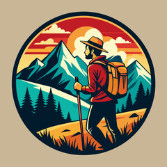 Wall Mural - Hiking on the trails with a mountain in the distance. Vintage retro-style mountain and forest illustration for t-shirt design