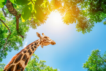 Towering giraffe grazing on treetop leaves, its long neck reaching for the branches against the backdrop of a bright blue sky