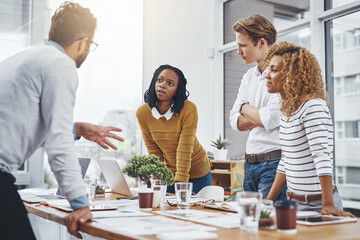 Aufkleber - People, team and business meeting with listening in office as web developer in internship, workshop and company. Group, collaboration and digital agency for skills, growth or career in brand design