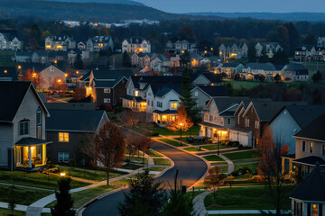 Wall Mural - Night view of residential area in small American town located at countryside AI Generative