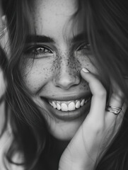 Wall Mural - Joyful Woman with Freckles Smiling in Black and White Close-Up Portrait