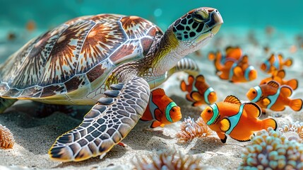 Wall Mural - turtle with group of colorful fish and sea animals with colorful coral underwater in ocean 