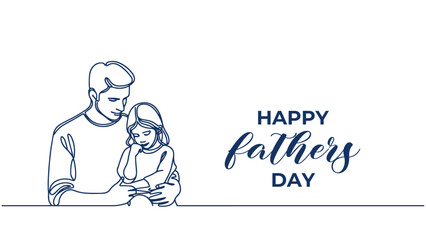 Happy Fathers day vector background, web banner, poster. Dad with daugther. One continuous line drawing with lettering Fathers day