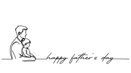 Happy Fathers day vector background, web banner, poster. Dad with daugther. One continuous line drawing with lettering Fathers day