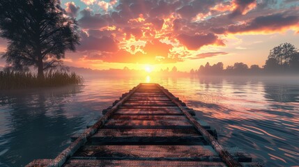 Wall Mural - river of a wooden bridge with a sunset view