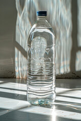 Poster - Simple photo of a transparent water bottle on a clean, white surface,