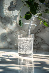 Poster - Simple image of a water pitcher pouring water into a glass, set on a clean table,