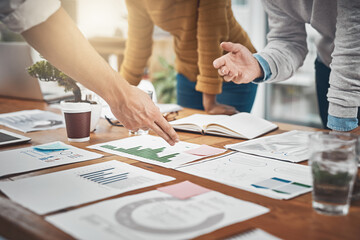 People, group and business meeting with analytics in office as web developer in internship, workshop and company. Team, collaboration and digital agency for metrics, growth or career in brand design