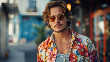 Casual, trendy man with sunglasses and a floral shirt stands on a vibrant urban street, exuding confident and relaxed vibes.