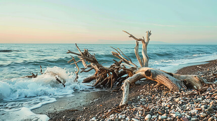 Driftwood on the ocean shore with waves and pebbles