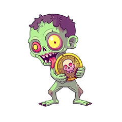 Poster - An illustration of a zombie holding a gold coin with a skull image