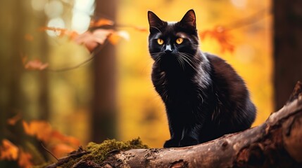 Wall Mural - Black Cat in Autumnal Forest