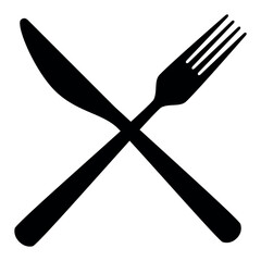 Wall Mural - crossed cutlery fork and knife, silhouette shape, black and white vector illustration